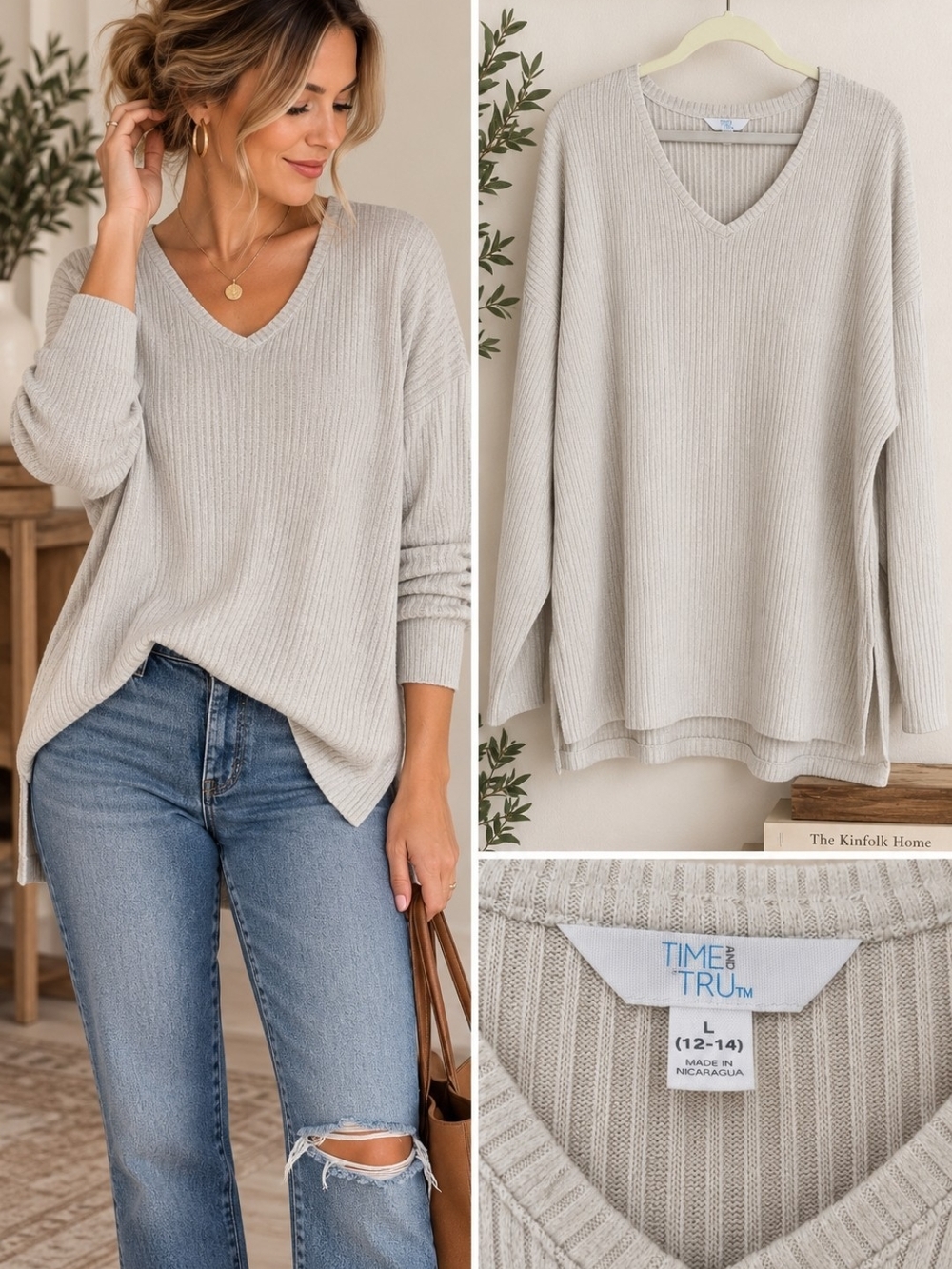Time and Tru Ribbed V-Neck Sweater Beige Ivory Long Sleeve Size L 12-14 Soft